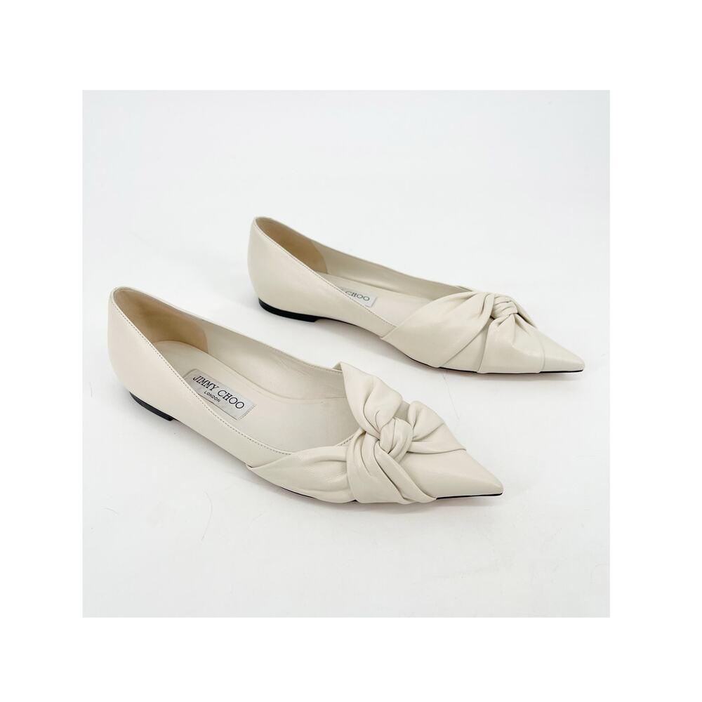 Jimmy Choo Hedera Off White Leather Knot Detail Pointed Toe Flats IT 39.5 EU